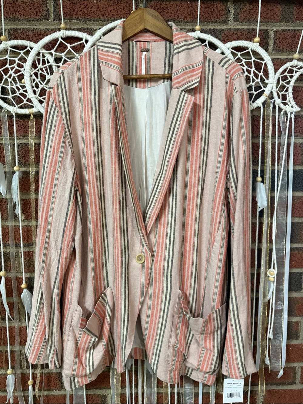 Free People Pink Sorbet Striped Single-Button Blazer Women’s Oversized S